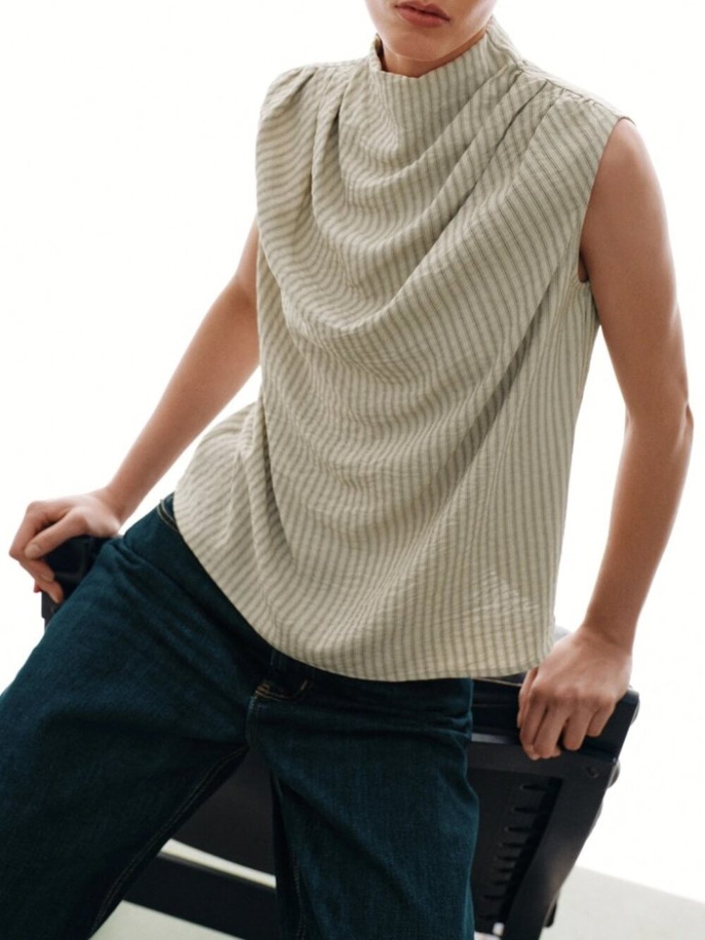 Tan Striped Cowl Neck Sleeveless Top Draped Front